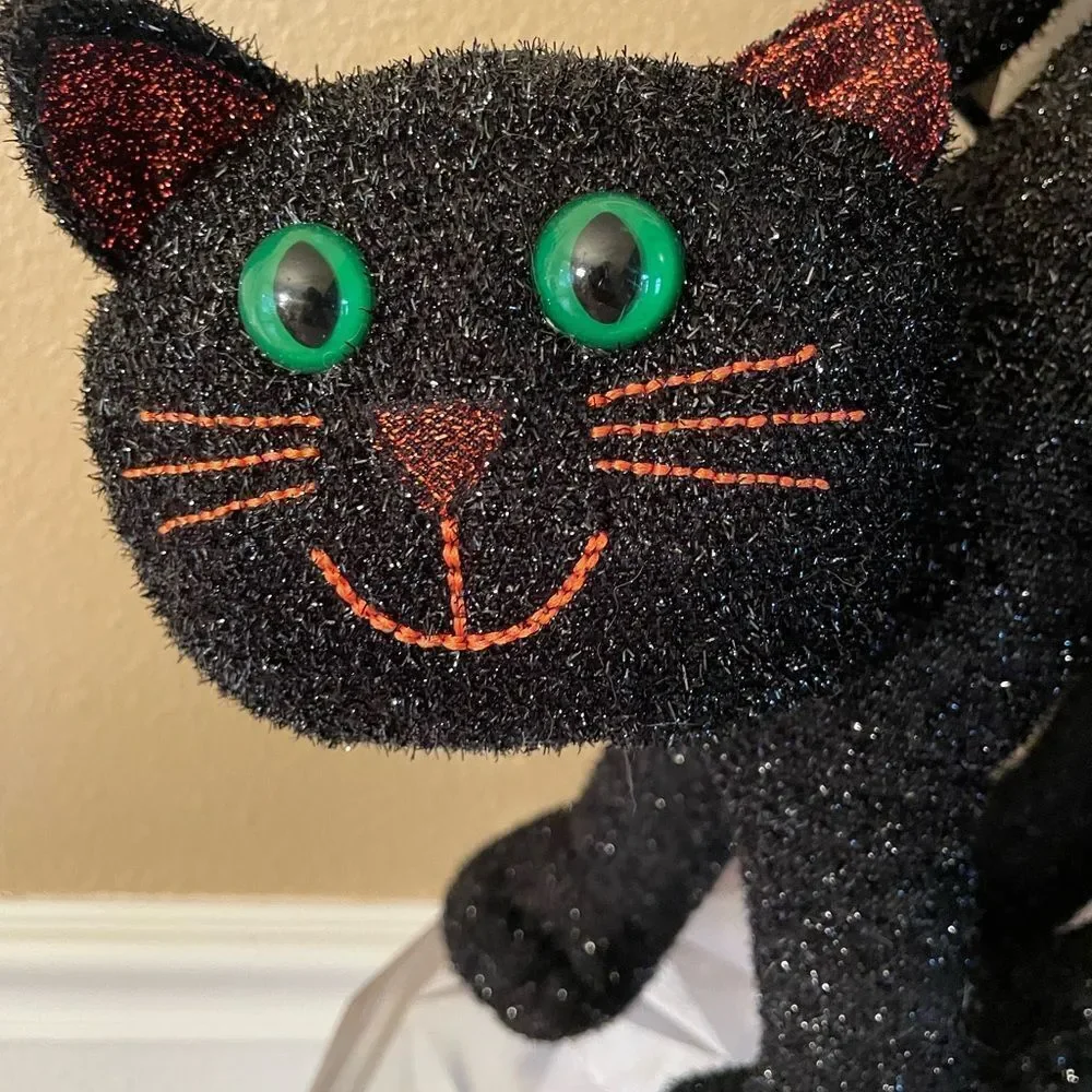 Vintage Black Cat Sparkling Green eyes Plush Free Standing Cat